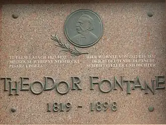 Gedenktafel in Swinemünde, wo Fontane von 1827 bis 1832 lebte