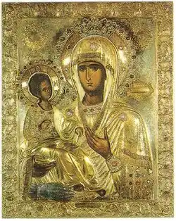 Gottesmutter Tricheirousa, Original 14. Jahrhundert im Kloster Hilandar, Griechenland