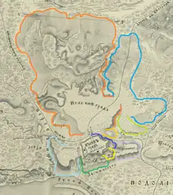 Schlossberg (graublau umrandet, im linken unteren Teil der Darstellung) auf einer Karte von Nikolai Wassiljewitsch Sakrewski