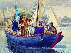 Peter I. führt das Segelboot (1864; neben ihm Carsten Brandt)