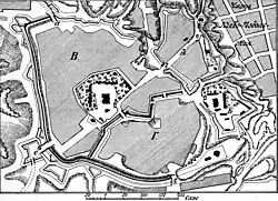 Plan der Altkiewer Festung, das Goldene Tor ist mit б bezeichnet.