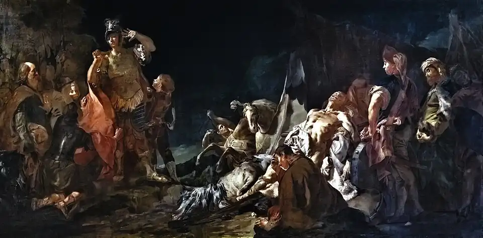 Alexander vor dem Leichnam des Darius, 1746, Öl auf Leinwand, 240 × 480 cm, Ca’ Rezzonico (Museo del Settecento Veneziano), Venedig
