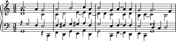 {
\new PianoStaff <<
\new Staff <<
\new Voice { \voiceOne \relative b' {
\clef "treble" \time 3/2 \key c \major | % 1
\stemUp b2. \stemUp a4 \stemUp g2 | % 2
\stemUp a2 \stemUp b2 \stemUp c4 \stemUp a4 | % 3
\stemUp b2 \stemUp g4 \stemUp a4 ~ \stemUp a4 \stemUp a4 | % 4
\stemUp g2 \stemUp g2. \stemUp f4
}}
\new Voice { \voiceTwo \relative d' {
\clef "treble" \time 3/2 \key c \major | % 1
<d g>1 \stemDown c2 | % 2
\stemDown c4 \stemDown d2 \stemDown e4 ~ \stemDown e4 \stemDown d4 ~ | % 3
\stemDown d4 \stemDown d4 \stemDown c2 \stemDown c4 \stemDown d4 | % 4
\stemDown b4 \stemDown c4 ~ \stemDown c2 \stemDown b2
}}
>>
\new Staff <<
\new Voice { \voiceOne \relative g {
\clef "bass" \time 3/2 \key c \major | % 1
r4 \stemUp g2 \stemUp f4 \stemUp e2 | % 2
\stemUp f4 \stemUp fis4 \stemUp g4 \stemUp gis4 \stemUp a4 \stemUp fis4 | % 3
\stemUp g2 \stemUp e4 \stemUp f4 ~ \stemUp f4 \stemUp f4 | % 4
\stemUp e2 \stemUp d4 \stemUp c4 \stemUp d2
}}
\new Voice { \voiceTwo \relative g, {
\clef "bass" \time 3/2 \key c \major | % 1
g1 r4 \stemDown c,4 | % 2
\stemDown f4 \stemDown d4 \stemDown g4 \stemDown e4 \stemDown a4 \stemDown d,4 | % 3
\stemDown g2 \stemDown c,4 \stemDown f4 ~ \stemDown f4 \stemDown d4 | % 4
\stemDown e4 \stemDown c4 <g' g'>1
}}
>>
>>
}