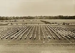 Studenten bei Freiübungen anlässlich der Einweihung des Hochschulsportplatzes bei Freimann (heute Areal der Studentenstadt Freimann) (27. Juni 1928)