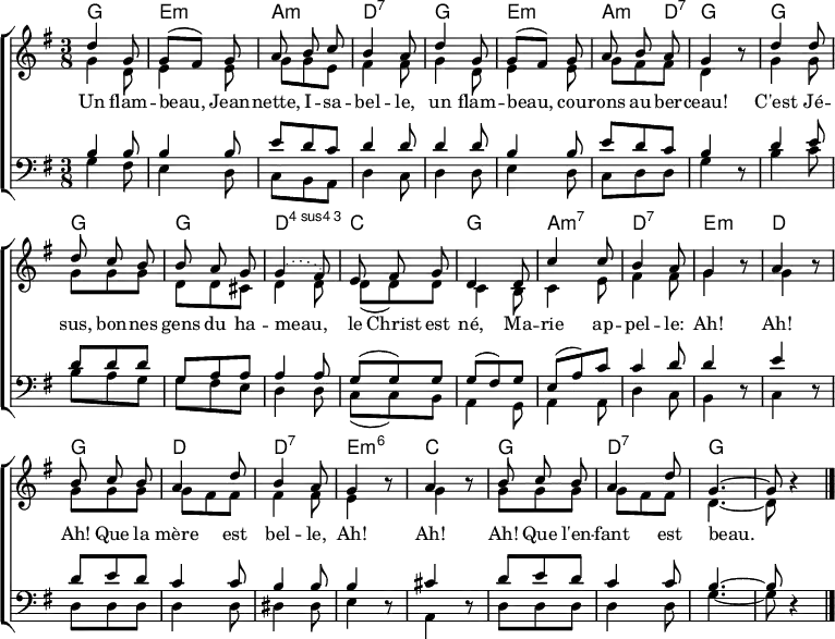 
\header { tagline = ##f }
\layout { indent = 0 \context { \Score \remove "Bar_number_engraver" } }

global = { \key g \major \time 3/8 }

chordNames = \chordmode { \global \set ChordNames.midiInstrument = #"acoustic guitar (nylon)"
  g,4.\p | e,:min | a,:min | d,:7 |
  g, | e,:min | a,4:min d,8:7 | g,4 s8 |
  g,4. | g, | g, | d,:4 |
  c, | g, | a,:min7 | d,:7 | e,4:min s8 | d,4 s8 |
  g,4. | d, | d,:7 | e,4:min6 s8 | c,4 s8 |
  g,4. | d,:7 | \set chordChanges = ##t g,~ | g,8 s4 \bar "|."
}

soprano = \relative c'' { \global \autoBeamOff \set Staff.midiPanPosition = -1 \set midiInstrument = "violin"
  d4 g,8 | g [(fis)] g | a b c | b4 a8 |
  d4 g,8 | g [(fis)] g | a b a | g4 r8 |
  d'4 d8 | d c b | b a g | \slurDotted g4 (fis8) |
  e fis g | d4 d8 | c'4 c8 | b4 a8 | g4 r8 | a4 r8 |
  b c b | a4 d8 | b4 a8 | g4 r8 | a4 r8 |
  b c b | a4 d8 | g,4.~ | g8 r4 \bar "|."
}

alto = \relative c'' { \global \set Staff.midiPanPosition = -0.5 \set midiInstrument = "viola"
  g4 d8 | e4 e8 | g g e | fis4 fis8 |
  g4 d8 | e4 e8 | g fis fis | d4 r8 |
  g4 g8 | g8 g g | d d cis | d4 d8 |
  d (d) d | c4 b8 | c4 e8 fis4 fis8 | g4 r8 | g4 r8 |
  g g g | g fis fis | fis4 fis8 | e4 r8 | g4 r8 |
  g g g | g fis fis | d4.~ | d8 r4 \bar "|."
}

tenor = \relative c' { \global \set Staff.midiPanPosition = 0.5 \set midiInstrument = "cello"
  b4 b8 | b4 b8 | e8 d c | d4 d8 |
  d4 d8 | b4 b8 | e d c | b4 r8 |
  d4 e8 | d d d | g, a a | a4 a8 |
  g (g) g | g (fis) g | e (a) c | c4 d8 | d4 r8 | e4 r8 |
  d e d | c4 c8 | b4 b8 | b4 r8 | cis4 r8 |
  d8 e d | c4 c8 | b4.~ | b8 r4 \bar "|."
}

bass = \relative c' { \global \set Staff.midiPanPosition = 1 \set midiInstrument = "contrabass"
  g4 fis8 | e4 d8 | c b a | d4 c8 |
  d4 d8 | e4 d8 | c d d | g4 r8 |
  b4 c8 | b a g | g fis e | d4 d8 |
  c (c) b | a4 g8 a4 a8 | d4 c8 | b4 r8 | c4 r8 |
  d d d | d4 d8 | dis4 dis8 | e4 r8 | a,4 r8 |
  d d d | d4 d8 | g4.~ | g8 r4 \bar "|."
}

verseOne = \lyricmode {
  Un flam -- beau, Jean -- nette, I -- sa -- bel -- le,
  un flam -- beau, cou -- rons au ber -- ceau!
  C'est Jé -- sus, bon -- nes gens du ha -- meau,__
  le Christ est né, Ma -- rie ap -- pel -- le:
  Ah! Ah! Ah! Que la mère est bel -- le,
  Ah! Ah! Ah! Que l'en -- fant est beau.
}

verseTwo = \lyricmode {
  Bring a torch, Jean -- ette, I -- sa -- bel -- la,
  bring a torch,_to the crad --__ le run!
  It is Je -- sus, good folk of the village,
  "" Christ is born and Mar -- ry's cal -- ling:
  Ah! Ah! Beau -- ti -- ful is the Mo -- ther!
  Ah! Ah! Beau -- ti -- ful is Her Son!
}

\score {
  \new ChoirStaff <<
    \new ChordNames \chordNames
    \new Staff \with { \consists "Merge_rests_engraver" }
    <<
      \new Voice = "soprano" { \voiceOne \soprano }
      \new Voice = "alto" { \voiceTwo \alto }
    >>
    \new Lyrics \lyricsto "soprano" \verseOne
%   \new Lyrics \lyricsto "soprano" \verseTwo
    \new Staff \with { \consists "Merge_rests_engraver" }
    <<
      \clef bass
      \new Voice = "tenor" { \voiceOne \tenor }
      \new Voice = "bass" { \voiceTwo \bass }
    >>
  >>
  \layout { }
  \midi {
    \tempo 4. = 66
    \context { \Score midiChannelMapping = #'instrument }
    \context { \Staff \remove "Staff_performer" }
    \context { \Voice \consists "Staff_performer" }
  }
}
