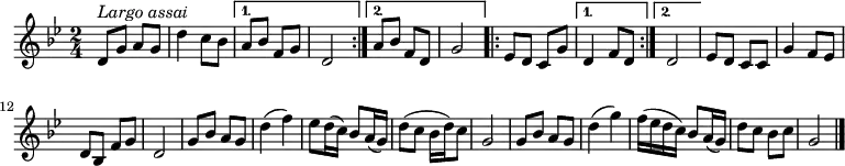 {
\clef violin \key bes \major \time 2/4 \tempo 4 = 40
\set Score.tempoHideNote = ##t
\repeat volta 2 {
d'8 ^\markup{\italic{Largo assai}} g' a' g'
d''4 c''8 bes'
}
\alternative {
{
a'8 bes' f' g'
d'2
}
{
a'8 bes' f' d'
g'2
}
}
\repeat volta 2 {
es'8 d' c' g'
}
\alternative {
{
d'4 f'8 d'
}
{
d'2
}
}
es'8 d' c' c'
g'4 f'8 es'
d'8 bes f' g'
d'2
g'8 bes' a' g'
d''4( f'')
es''8 d''16( c'')
bes'8 a'16( g')
d''8( c'' bes'16 d'') c''8
g'2
g'8 bes' a' g'
d''4( g'')
f''16( es'' d'' c'') bes'8 a'16( g')
d''8 c'' bes' c''
g'2 \bar "|."
}