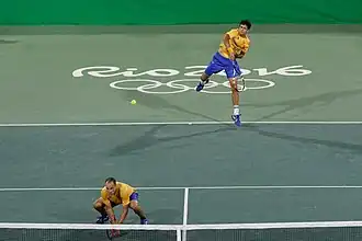 Marcelo Melo (hinten) und Bruno Soares im Achtelfinale gegen das serbische Doppel Novak Đoković/Nenad Zimonjić in Rio 2016
