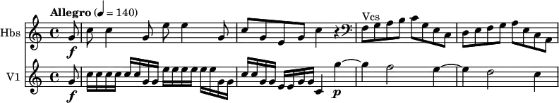<<
\new Staff \with { instrumentName = #"Hbs "} \relative c'' {
\version "2.18.2"
\key c \major
\tempo "Allegro" 4 = 140
\time 4/4
\partial 8 g8\f |
c c4 g8 e'8 e4 g,8
c g e g c4 r
\clef bass f,,8 ^ \markup{Vcs } g a b c g e c
d e f g a e c a
}
\new Staff \with { instrumentName = #"V1 "}
\relative c'' {
\key c \major
\partial 8 g8\f |
c16 c c c c c g g e'16 e e e e e g, g |
c16 c g g e e g g c,4 g''~\p |
g4 f2 e4~ |
e4 d2 c4~ |
}
>>