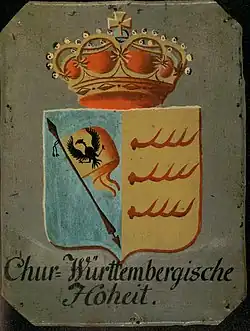 Kurfürstlicher Herzschild von 1805, der die Hirschstangen und die Reichssturmfahne hervorhebt