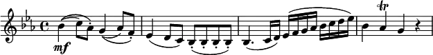  { \relative bes' { \key es \major \time 4/4
bes4(\( \mf c8) as-.\) g4(\( as8) f-.\) | es4( d8 c) bes-.( bes-. bes-. bes-.) |
bes4.( c16 d) es( f g as bes c d es) | bes4 as \trill g r | }} 