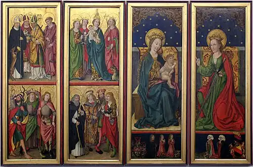 Flügel des Volckamer-Altars aus St. Katharina, Nürnberg, 1493 (mit ehelichem Stifterpaar und -wappen Paulus Volckamer/Magdalena Mendel), Germanisches Nationalmuseum