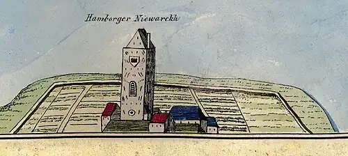 1568 Neuwerk mit Turm auf der Elbkarte des Melchior Lorich