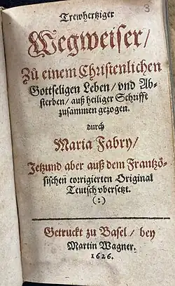 Titelblatt der deutschen Übersetzung aus dem Jahr 1626 von Maria Fabry.