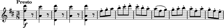 \relative c'' {
\version "2.18.2"
\key d \major
\tempo "Presto"
\time 3/8
<d, fis' d'>4\f r8
<a' cis'>4 r8
<d, fis' d'>4 r8
<a' cis'>4 r8
<d, a' d'>4 r8
fis'-. g-.-. a
b-. cis-. d-.
cis-. b-. a-.
a (fis g)
g-. a-. b-.
a-. fis-. a-.
g-. fis-. e-.
}