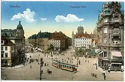 Durchblick vom Pirnaischen Platz in die König-Johann-Straße (später Wilsdruffer Straße), rechts der Kaiserpalast, Postkarte von 1915