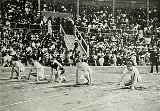 Start des Finales (v. l. n. r.): Frank Belote, Donald Lippincott, George Patching, Ralph Craig, Alvah Meyer