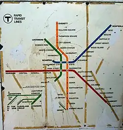 Diese Karte der MBTA aus den Jahren 1967–1969 zeigt die Route der Charlestown Elevated