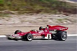 Emerson Fittipaldi im Lotus 72 in „Gold Leaf“-Farben beim Training zum Großen Preis von Deutschland 1971