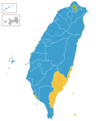 Wahlkreisergebnisse (stimmenstärkste Parteien). Alle Unabhängigen sind zusammengezählt. ﻿Kuomintang ﻿DPP ﻿Demokratische Union Taiwans ﻿Unabhängige