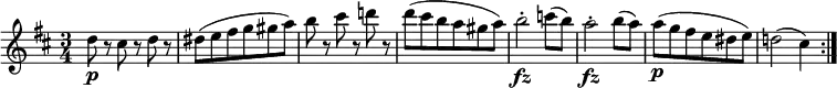 { \relative d'' { \key d \major \time 3/4
d8 \p r cis r d r | dis8( e fis g gis a) | b8 r cis r d! r | d8( cis b a gis a) |
b2-. \fz c8( b) | a2-. \fz b8( a) | a8( \p g fis e dis e) | d!2( cis4) \bar ":|."
}}