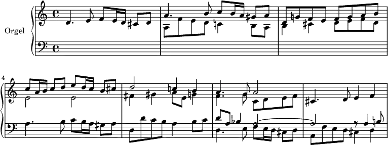 \version "2.18.2"
\header {
tagline = ##f
}
upper = \relative c' {
\clef treble
\key c \major
\time 4/4
\tempo 4 = 70
\tempo "Presto"
\set Staff.midiInstrument = #"recorder"
%%% Dopo l'Epistola (Canzon)
d4. e8 f8 e16 d cis8 d
<< { a'4. b8 c8 b16 a gis8 a } \\ { a,8 f' e d c!4 b8 a } >>
<< { d8 g! f e f g a b } \\ { b,4 cis d8 e f d } >>
%% ms 4
<< { c'8 a16 b c8 d e d16 c b8 cis } \\ { e,2 e } >>
<< { d'2 c!4 b } \\ { fis4 gis a8 e g!4 } >>
<< { a4. g8 a2 } \\ { f4. g8 c, d e f } >>
cis4. d8 e4 f
}
lower = \relative c {
\clef bass
\key c \major
\time 4/4
\set Staff.midiInstrument = #"recorder"
s1*3 a'4. b8 c8 b16 a gis8 a d, d' c b a4 b8 c
<< { d8 a bes4 a2~ } \\ { d,4. e8 f8 e16 d cis8 d } >>
<< { a'2 r8 a4 b!8 } \\ { a,8 f' e d cis4 d } >>
}
\score {
\new PianoStaff <<
\set PianoStaff.instrumentName = #"Orgel"
\new Staff = "upper" \upper
\new Staff = "lower" \lower
>>
\layout {
\context {
\Score
\remove "Metronome_mark_engraver"
}
}
\midi { }
}