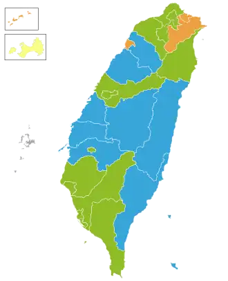 Stimmenstärkste Parteien in den Wahlkreisen: ﻿Kuomintang ﻿DPP ﻿Qinmindang ﻿Xindang ﻿Sonstige und Unabhängige