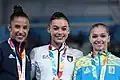 Ehrung der Siegerinnen im Gerätefinale am Boden (von links nach rechts): Amelie Morgan (Silber), Giorgia Villa (Gold), Anastassija Batschynska (Bronze)