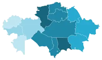 Nur Otan ﻿0 – 55 % ﻿55 – 60 % ﻿60 – 65 % ﻿70 – 75 % ﻿75 – 80 %