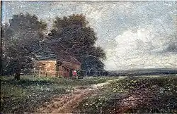 Hütte in einer Heidelandschaft