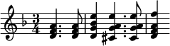 { \new Staff \key d \minor \time 3/4 \partial 2
<d' f' a'>4. <d' f' a'>8 <d' g' bes' e''>4 <cis' g' a' e''>4. <cis' g' a' e''>8 <d' f' a' f''>4 }