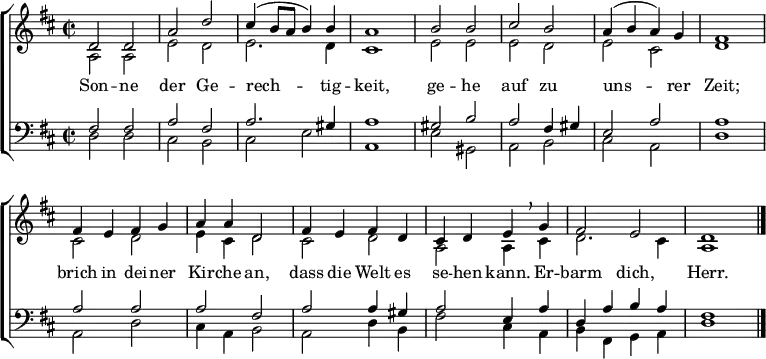 \header { tagline = ##f }
\layout { indent = 0 \context { \Score \remove "Bar_number_engraver" } }
global = { \key d \major \time 2/2 }
soprano = \relative c' { \global \set Staff.midiPanPosition = -0.5 \set midiInstrument = "flute"
d2 d | a' d | cis4 (b8 a b4) b | a1 |
b2 b | cis b | a4 (b a) g | fis1 |
fis4 e fis g | a a d,2 |
fis4 e fis d | cis d e \breathe g | fis2 e | d1 \bar "|."
}
alto = \relative c' { \global \set Staff.midiPanPosition = 0.5 \set midiInstrument = "oboe"
a2 a | e' d | e2. d4 | cis1 |
e2 e | e d | e cis | d1 |
cis2 d | e4 cis d2 |
cis d | a a4 cis | d2. cis4 | a1 \bar "|."
}
tenor = \relative c { \global \set Staff.midiPanPosition = -1 \set midiInstrument = "english horn"
fis2 fis | a fis | a2. gis4 | a1 |
gis2 b | a2 fis4 gis | e2 a | a1 |
a2 a | a fis |
a2 a4 gis | a2 e4 a | d, a' b a | fis1 \bar "|."
}
bass = \relative c { \global \set Staff.midiPanPosition = 1 \set midiInstrument = "bassoon"
d2 d | cis b | cis e | a,1 |
e'2 gis, | a b | cis a | d1 |
a2 d | cis4 a b2 |
a2 d4 b | fis'2 cis4 a | b fis g a | d1 \bar "|."
}
verse = \lyricmode {
Son -- ne der Ge -- rech -- tig -- keit,
ge -- he auf zu uns -- rer Zeit;
brich in dei -- ner Kir -- che an,
dass die Welt es se -- hen kann.
Er -- barm dich, Herr.
}
\score {
\new ChoirStaff <<
\new Staff
<<
\new Voice = "soprano" { \voiceOne \soprano }
\new Voice = "alto" { \voiceTwo \alto }
>>
\new Lyrics
\lyricsto "soprano" \verse
\new Staff
<<
\clef bass
\new Voice = "tenor" { \voiceOne \tenor }
\new Voice = "bass" { \voiceTwo \bass }
>>
>>
\layout { }
}
\score { << \soprano \\ \alto \\ \tenor \\ \bass >>
\midi { \tempo 2=84
\context { \Score midiChannelMapping = #'instrument }
\context { \Staff \remove "Staff_performer" }
\context { \Voice \consists "Staff_performer" }
}
}
