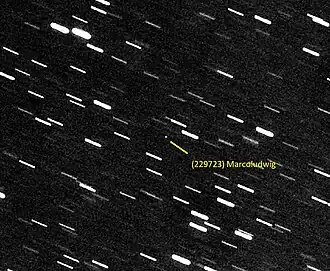 Der Kleinplanet (229723) Marcoludwig am 6. August 2022 aufgenommen von Wolfgang Ries. Zu dieser Zeit stand der Kleinplanet in Opposition zu Sonne. Der 3 km große Kleinplanet befand sich in einer Entfernung von ca. 246 Millionen Kilometern zur Erde.