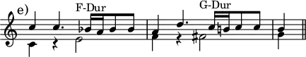 
\version "2.14.2"
\header {
  tagline = ##f
}
upper = \relative c'' {
  \override Score.TimeSignature.stencil=##f
  \clef treble 
  \key c \major
  \time 4/4
  \tempo 4 = 80

<< { \mark "e)" c4 c4. bes16[ a bes8 bes] a4 d4. c16[ b! c8 c] b4} \\ {c,4 r e2^"F-Dur" f4 r fis2^"G-Dur" g4 \bar "||"} >>

}

\score {
    \new Staff = "upper" \upper
  \layout {
    \context {
      \Score
      \remove "Metronome_mark_engraver"
      \remove "Bar_number_engraver"
    }
  }
  \midi { }
}
