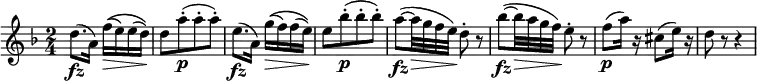  { \relative f'' { \key d \minor \time 2/4
d8.( \fz a16) f'16(\( \> e) e( d)\) | d8[ \! a'-.( \p a-. a-.)] |
e8.( \fz a,16) g'(\( \> f) f( e)\) | e8[ \! bes'-.( \p bes-. bes-.)] |
a8~( \fz a32 \> g f e) \! d8-. r | bes'8~( \fz bes32 \> a g f) \! e8-. r
f8( \p a16) r cis,8( e16) r | d8 r r4 }}
\layout { \context {\Score \override SpacingSpanner.common-shortest-duration = #(ly:make-moment 1/8)

}}