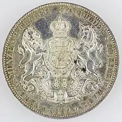 2 Thaler Königreich Hannover, Georg V. 1854, Inschrift Rs.: „VEREINSMÜNZE • 2 THALER 3½ GULDEN • VII EINE F. MARK • 1854 •“ (We. 1812)