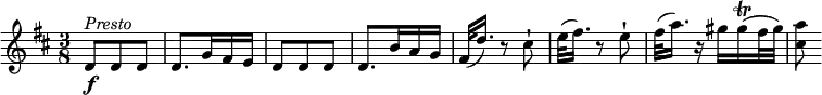 
\relative c' {
  \version "2.18.2"
  \key d \major
  \time 3/8
 d8 \f ^\markup { \italic Presto } d d
 d8.  g16 fis e
  d8 d d
  d8.  b'16 a g
  fis32 (d'16.) r8 cis8-!
  e32 (fis16.) r8 e8-!
  fis32 (a16.) r16 gis16 gis16\trill (fis32 gis) <cis, a'>8
}
