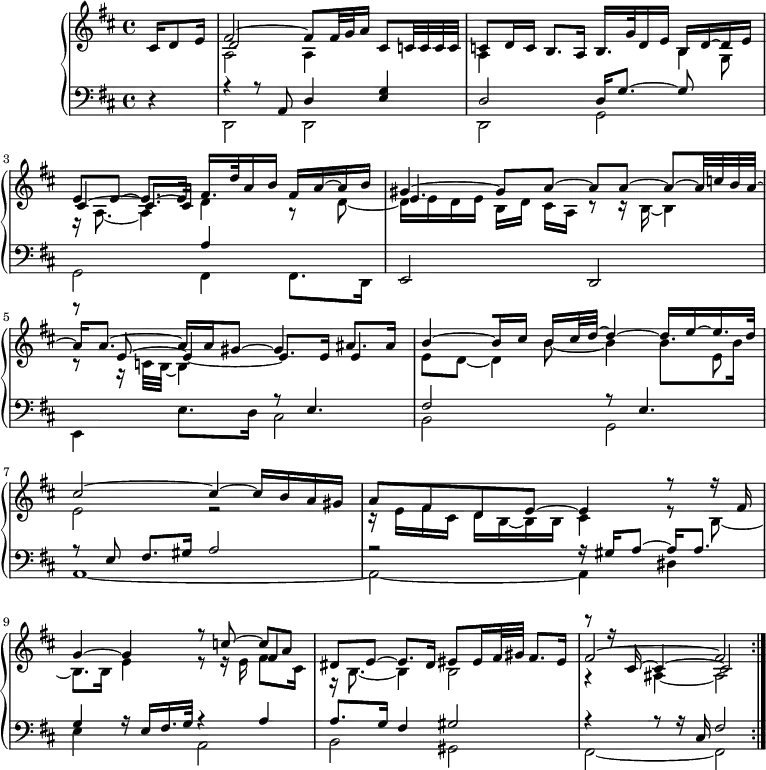 
\version "2.18.2"
\header {
  tagline = ##f
}
upper = \relative c' {
  \clef treble 
  \key d \major
  \time 4/4
  \tempo 4 = 38
  \set Staff.midiInstrument = #"harpsichord"

   %%Froberger — Meditation
   \partial 4 cis16 d8 e16
   << { fis2~ fis8[ fis32 g a16] cis,8 c!32 c c c } \\ { a2 a4 } \\ { d2 } >>
   << { c8 d16 c b8. a16 b16. g'32 d16 e b[ d~ d e] } \\ { s2. s8 \stemDown g,8 } \\ { \stemDown a4 s2 b4 } >>
   << { e8 e~ e8. e16 fis16. d'32 a16 b fis a~ a b } \\ { r16 a,8._~ a4 d4 r8 d8~ } \\ { cis4~ cis8.~ cis16 } >>
   << { gis'4~ gis8 a~ a a~ a~ a32 c b a~ } \\ { d,16 e d e b[ d] cis[ a] r8 r16 b16~ b4 } \\ { e4. } >>
   << { a16 a8.~ a16 a gis8~ gis4 ais8. ais16 } \\ { r8 r16 c,32 b~ b4 } \\ { r8 e8~ e4_~ e8. e16 e4~ } >>
   << { b'4~[ b16[ cis] b16 cis32 d~] d4~ d16[ e~ e16. d32] } \\ { e,8 d~ d4 s4 s8 e8 } \\ { \stemDown s4. b'8_~ b4 b8. b16 } >>
   << { cis2~ cis4~ cis16 b a gis } \\ { e2 r2 } >>
   << { a8 fis d e~ e4 r8 r16 fis16 } \\ { r16 e fis cis d b~ b b cis4 r8 b8~ } >>
   << { g'4~ g r8 c8~ c[ a] } \\ { \mergeDifferentlyHeadedOn b,8. b16 e4 r8 r16 e16 fis8. cis16 } \\ {  \mergeDifferentlyDottedOn s2. fis4 } >>
   << { dis8 e~ e8. dis16 eis8[ eis16 fis32 gis] fis8. eis16 } \\ { r16 b8.~ b4 b2 } >>
   << { fis'2~ fis } \\ { r4 ais,4~ ais2 } \\ { r8 r16 cis16~ cis4~ cis2 } >> \bar ":|."

}

lower = \relative c {
  \clef bass
  \key d \major
  \time 4/4
  \set Staff.midiInstrument = #"harpsichord"

   r4 << { r4 r8 a8 d4 < g e >4 } \\ { d,2 d } >>
   << { d'2 d16 g8.~ g8 } \\ { d,2 g } >>
   << { s2 a'4 s4 } \\ { g,2 fis4 fis8. d16 } >>
   e2 d
   << { s2 r8 e'4. } \\ { e,4 e'8. d16 cis2 } >>
   << { fis2 } \\ { b,2 } >>
   << { r8 e4. } \\ { g,2 } >>
   << { r8 e'8 fis8. gis16 a2 } \\ { a,1~ } >>
   << { r2 r16 gis'16 a8~ a16 a8. } \\ { a,2~ a4 dis } >>
   << { g4 r16 e16 fis16. g32 r4 a4 } \\ { e4 s4 a,2 } >>
   << { a'8. g16 fis4 gis2 r4 r8 r16 cis,16 fis2 } \\ { b,2 gis fis~ fis } >>

}

  \header {
    piece = ""
  }

\score {
  \new PianoStaff <<
    \new Staff = "upper" \upper
    \new Staff = "lower" \lower
  >>
  \layout {
    \context {
      \Score
      \remove "Metronome_mark_engraver"
    }
  }
  \midi { }
}
