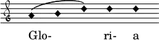 { \clef "petrucci-g" \override Staff.TimeSignature #'stencil = ##f \set Score.timing = ##f \override Voice.NoteHead #'style = #'harmonic-black a'1 (b'1 d''1) d''1 d''1 } \addlyrics { Glo- ri- a }