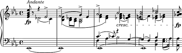 {
  \set Score.tempoHideNote = ##t
  \new PianoStaff <<
    \new Staff { \clef violin \key es \major \time 4/4 \tempo 4 = 100
      <es' g' bes' es''>8^\markup{\italic{Andante}}\fp r
      << { \voiceOne
        r4 es'2->
        f'2->( g'4->) es'
        as'2-> bes'\cresc
        <c' as' c''>2 <bes' des''>
      }
      \new Voice { \voiceTwo
        des'2( c'4)
        <bes es'>4( <bes des'>8 <as c'> <g bes>2
        <es' g'>4( <d' f'>) <des' f' as'>( <des' e' g'>)
        e'4( f') <des' f'>( <es' g'>)
      } >> \oneVoice
      <ges' as' c''>8\fp
    }
    \new Staff { \clef bass \key es \major \time 4/4
      es,1(
      es,1)
      << { \voiceOne
        c'4.( ces'8) r4 g4~
        g4( f) bes4
      }
      \new Voice { \voiceTwo
        f4 as bes2
        as2 <bes, f>4 <es g>8.( as16)
      }
      \new Voice { \voiceThree
        es,1(
        es,1)
      } >> \oneVoice
      <as, as>8
    }
  >>
}