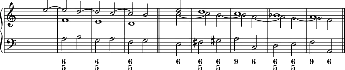 \new PianoStaff <<
<< % wegen Generalbass
\new Staff <<
\set Score.tempoHideNote = ##t
\tempo 4 = 160
\override Staff.TimeSignature.transparent = ##t
<<
\new Voice = "first"
\relative c''
{ \voiceOne s2 e ~ e d ~ d c ~ c b \bar "||" s2 e d1 c bes a \bar "||" }
\new Voice = "second"
\relative c'
{ \voiceTwo s1 f e d s2 c' ~ c b ~ b a ~ a g ~ g f }
>>
>>
\new Staff <<
\override Staff.TimeSignature.transparent = ##t
\clef "bass"
\relative c' { s1 a2 b g a f g s e fis gis a c, d e f a, }
>>
>>
\new FiguredBass {
\figuremode { <_>1 <6 5> <6 5> <6 5> <_>2 <6> <6 5> <6 5> <9> <6> <6 5> <6 5> <9> <6> }
}
>> % wegen Generalbass