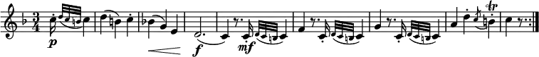  { \relative c'' { \key f \major \time 3/4
\partial 16 * 5 c16-. \p \appoggiatura { d32 c b } c4 | d4( b) c-. | bes!4( \< g) e |
d2.( \f | c4) r8. c16-. \mf \appoggiatura { d32 c b } c4 |
f4 r8. c16-. \appoggiatura { d32 c b } c4 | g'4 r8. c,16-. \appoggiatura { d32 c b } c4 |
a'4 d-. \acciaccatura c8 b4-. \trill | c4 r8. \bar ":|."
}}
\layout { \context {\Score \override SpacingSpanner.common-shortest-duration = #(ly:make-moment 1/4) }}
