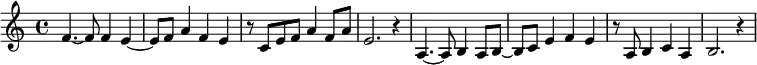 \relative c'
{ \key c \major
f4.~ f8 f4 e4~ | e8 f8 a4 f4 e4 | r8 c8 e8 f8 a4 f8 a8 | e2. r4 |
a,4.~ a8 b4 a8 b8~ | b8 c8 e4 f4 e4 | r8 a,8 b4 c4 a4 | b2. r4 }