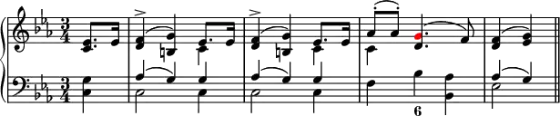 \version "2.14.2"
\header {
tagline = ##f
}
upper = \relative c' {
\key c \minor
\time 3/4
\tempo 8 = 88
<<
{
\voiceOne
\partial 4 <c es>8. es16 <d f>4->( <b g'>) es8. es16 <d f>4->( <b g'>) es8. es16 as8^.( as^.) <d, \tweak color #red g>4.( f8) <d f>4( <es g>) \bar "||"
}
\new Voice {
\voiceTwo
s2. c4 s2 c4 c
}
>>
}
lower = \relative c {
\clef bass
\key c \minor
<<
{
\voiceOne
s4 as'( g) g as( g) g s2. as4( g) \bar "||"
}
\new Voice {
\voiceTwo
<c, g'>4 c2 c4 c2 c4 f bes <bes, as'> es2
}
>>
}
\score {
\new PianoStaff <<
\new Staff = "upper" \upper
\new Staff = "lower" \lower
\figures { <_>1 <_>1 <6>
}
>>
\layout {
\context {
\Score
\remove "Metronome_mark_engraver"
}
}
\midi { }
}