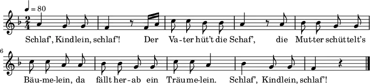 
\language "deutsch"
\relative c'' { \autoBeamOff \key f \major \time 2/4 \tempo 4 = 80
                a4 g8 g8 | f4 r8 f16[ a16]
                c8 c8 b8 b8 | a4 r8 a8 | b8 b8 g8 g8|
                c8 c8 a8 a8 | b8 b8 g8 g8 |
                c8 c8 a4 | b4 g8 g8 | f4 r \bar"|."
}
\addlyrics {
Schlaf’, Kind -- lein, schlaf’! Der
Va -- ter hüt’t die Schaf’, die Mut -- ter schüt -- telt’s
Bäu -- me -- lein, da fällt her -- ab ein
Träu -- me -- lein. Schlaf’, Kind -- lein, schlaf’!
}
