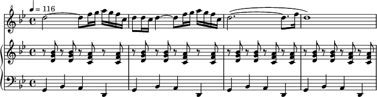 
\new Score {
<<
  \new Staff {
    \relative c''' {
      \clef "treble^8"
      \key g \minor
      \time 4/4
      \tempo 4=116
      \set Staff.midiInstrument = #"piccolo"
      d2~ d8 f16 g16 a16 g16 f16 c16 d8 d16 c16 d4~ d8 f16 g16 a16 g16 f16 c16 d2.(~ d8. f16 d1)
    }
  }
  \new PianoStaff <<
    \new Staff { \clef violin \key g \minor \time 4/4 
      r8 <d' g' bes'>8 r8 <d' g' bes'>8 r8 <c' f' a'>8 r8 <c' f' a'>8 r8 <d' g' bes'>8 r8 <d' g' bes'>8 r8 <c' f' a'>8 r8 <c' f' a'>8r8 <d' g' bes'>8 r8 <d' g' bes'>8 r8 <c' f' a'>8 r8 <c' f' a'>8 r8 <d' g' bes'>8 r8 <d' g' bes'>8       r8 <c' f' a'>8 r8 <c' f' a'>8}
    \new Staff { \clef bass   \key g \minor \time 4/4 
      g,4 bes,4 a,4 d,4 g,4 bes,4 a,4 d,4 g,4 bes,4 a,4 d,4 g,4 bes,4 a,4 d,4 } 
  >> 
>>
}
