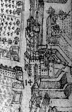 Das Modell: Mainzer Tor vor 1689 (Zeichnung Peter Hamman: Ansicht von Osten: links: Stadtseite, rechts Feldseite)