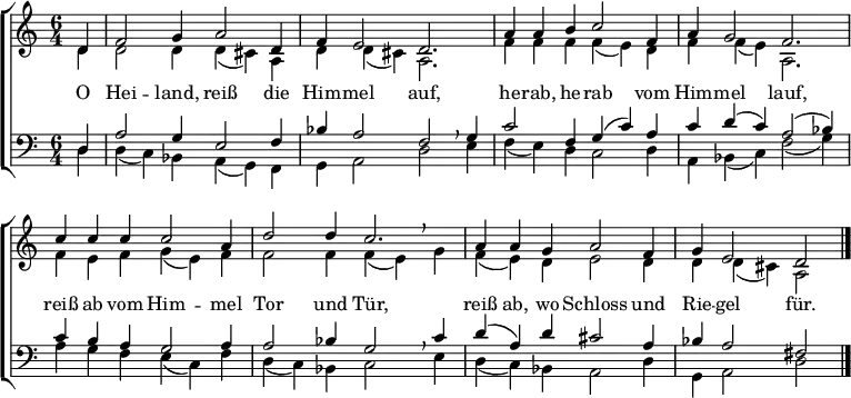 \header { tagline = ##f }
\layout { indent = 0 \context { \Score \remove "Bar_number_engraver" } }
global = { \key d \dorian \time 6/4 \partial 4 }
soprano = \relative c' { \global
d4 | f2 g4 a2 d,4 | f e2 d2. |
a'4 a b c2 f,4 | a g2 f2. |
c'4 c c c2 a4 | d2 d4 c2. |
a4 a g a2 f4 | g e2 \set Score.tempoHideNote = ##t \tempo 4=60 d \bar "|."
}
alto = \relative c' { \global
d4 | d2 d4 d (cis) a | d d (cis) a2. |
f'4 f f f (e) d | f f (e) a,2. |
f'4 e f g (e) f | f2 f4 f (e) \breathe g |
f (e) d e2 d4 | d d (cis) a2 \bar "|."
}
tenor = \relative c' { \global
d,4 | a'2 g4 e2 f4 | bes a2 f2 \breathe g4 |
c2 f,4 g (c) a | c d (c) a2 (bes4) |
c4 b a g2 a4 | a2 bes4 g2 \breathe c4 |
d (a) d cis2 a4 | bes a2 fis \bar "|."
}
bass = \relative c { \global
d4 | d (c) bes a (g) f | g a2 d e4 |
f (e) d c2 d4 | a bes (c) f2 (g4) |
a g f e (c) f | d (c) bes c2 e4 |
d (c) bes a2 d4 | g, a2 d \bar "|."
}
verse = \lyricmode {
O Hei -- land, reiß die Him -- mel auf,
he -- rab, he -- rab vom Him -- mel lauf,
reiß ab vom Him -- mel Tor und Tür,
reiß ab, wo Schloss und Rie -- gel für.
}
\score {
\new ChoirStaff <<
\new Staff \with {
midiInstrument = "oboe"
} <<
\new Voice = "soprano" { \voiceOne \soprano }
\new Voice = "alto" { \voiceTwo \alto }
>>
\new Lyrics \with {
\override VerticalAxisGroup #'staff-affinity = #CENTER
} \lyricsto "soprano" \verse
\new Staff \with {
midiInstrument = "bassoon"
} <<
\clef bass
\new Voice = "tenor" { \voiceOne \tenor }
\new Voice = "bass" { \voiceTwo \bass }
>>
>>
\layout { }
\midi {
\tempo 4=120
}
}