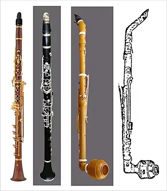 von rechts: Skizze der Bassettklarinette von Anton Stadler, Bassettklarinette von Anton Stadler (Replica) mit nach vorne gedehrtem Liebesfuß, 1. moderne Bassettklarinette von Oscar Adler um 1930 (dt. System), frz. Bassettklarinette