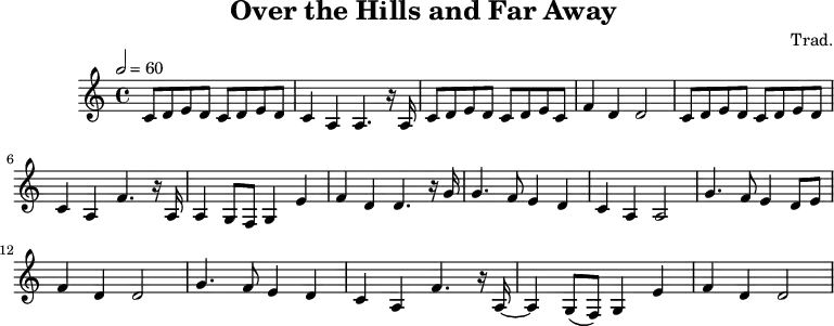 X:1
T:Over the Hills and Far Away
C:Trad.
M:4/4
L:1/4
Q:1/2 60
K:C
C/2-D/2E/2-D/2C/2-D/2E/2-D/2| C A, A,3/2 z/4 A,/4|C/2-D/2E/2-D/2C/2-D/2E/2-C/2|\
F D D2|C/2-D/2E/2-D/2C/2-D/2E/2-D/2| C A, F3/2 z/4 A,/4| A,G,/2-F,/2 G, E|\
F D D3/2 z/4 G/4| G3/2 F/2 E D| C A, A,2| G3/2 F/2 ED/2-E/2| F D D2|\
G3/2 F/2 E D| C A, F3/2 z/4 A,/4-| A, (G,/2 F,/2) G, E| F D D2|