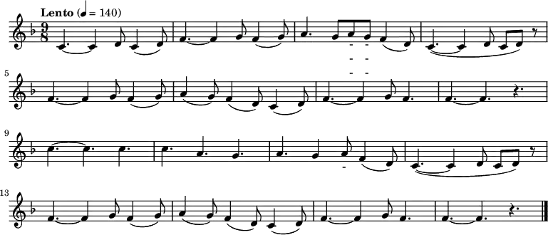 \relative c' { \key f \major \time 9/8 \tempo "Lento" 4 = 140 \set Staff.midiInstrument = #"violin"
c4. ~ c4 d8 c4 ( d8 ) | f4. ~ f4 g8 f4 ( g8 ) | a4. g8 a g f4 ( d8 ) | c4. ~ ( c4 d8 c d ) r8 |\break
f4. ~ f4 g8 f4 ( g8 ) | a4 ( g8 ) f4 ( d8 ) c4 ( d8 ) | f4. ~ f4 g8 f4.| f4. ~ f4. r4. |\break
c'4. ~ c c | c4. a4. g4. | a4. g4 a8 f4 ( d8 ) | c4. ~ ( c4 d8 c d ) r8 |\break
f4. ~ f4 g8 f4 ( g8 ) | a4 ( g8 ) f4 ( d8 ) c4 ( d8 ) | f4. ~ f4 g8 f4.| f4. ~ f4. r4. \bar "|."}
\addlyrics {
아 리 랑 아 리 랑 아 라 - - 리 요
아 리 랑 고 개 로 넘 어 간 다
나 를 버 리 고 가 시 는 임 은
십 리 도 못 가 서 발 병 난 다}
\addlyrics {
아 리 랑 아 리 랑 아 라 - - 리 요
아 리 랑 고 개 로 넘 어 간 다
청 천 하 늘 엔 별 도 - 많 고
우 리 네 가 슴 엔 꿈 도 많 다}
\addlyrics {
아 리 랑 아 리 랑 아 라 - - 리 요
아 리 랑 고 개 로 넘 어 간 다
저 기 저 산 이 백 두 산 이라 지
동 지 섣 달 에 도 꽃 만 핀 다}